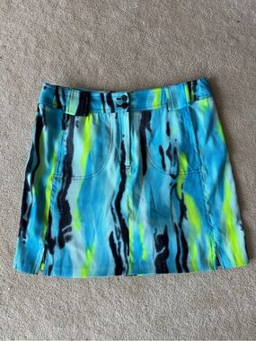jamie sadock Blue, Lime & Black Abstract Print Mini Skirt